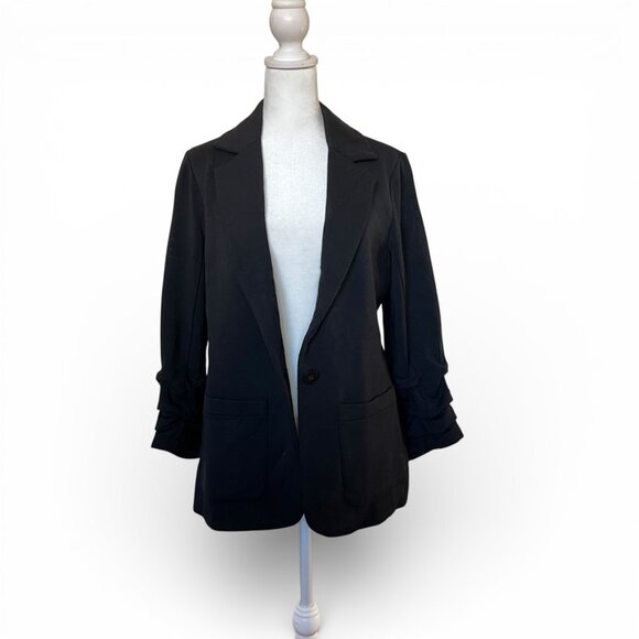 NWOT Bailey 44 Black Jane Knit Blazer Ruched Sleeve Open Front Career M - Picture 2 of 10